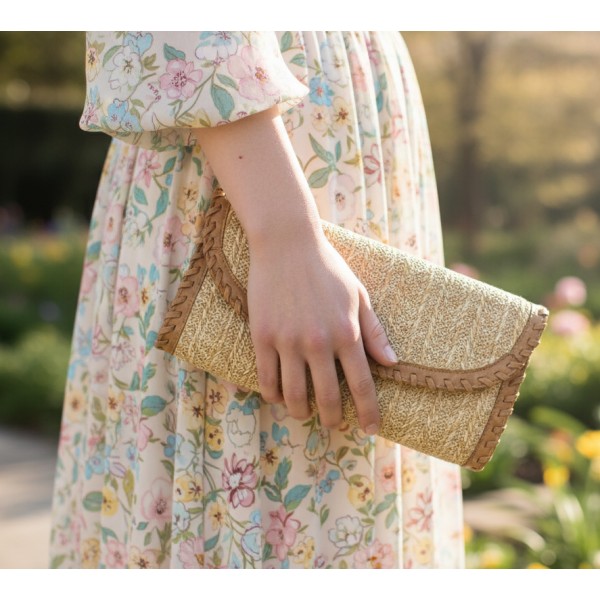 Evening Bag - Straw Like w/ Whipped Trim - Beige - BG-92072BEI